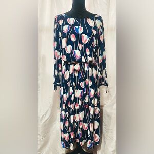 Talbots Navy Tulip Print Long Sleeve Dress